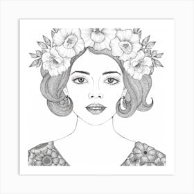 Portrait Of A Woman With Flowers Art Print