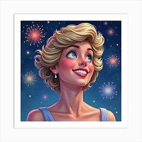 Princess Diana Smiling Beneath Watercolor Fireworks In The Night Sky Art Print