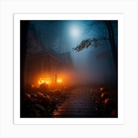 Fog Holiday Greeting Scarey Evil Dark Ominous Leaf Stripes Haunting Wood Carving Flames (22) Art Print