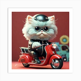 Cute Cat Riding Red Scooter Art Print