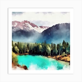 Watercolor Of A Mountain Lake, Banff National Park 1 Art Print