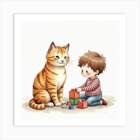 A Scottish Fold Cat And A Child Playing With Building Blocks, Watercolor 1 Art Print