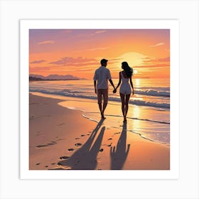 Ocean Sunset Beach With Couple Art Print (6) Art Print