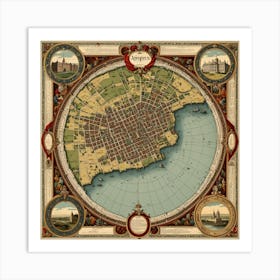 A Vintage Map, Of A Historic City With Ornate Borders And Labels art print 8 Art Print