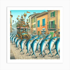 A Whimsical Sardine Parade Through A Mediterranean Village, Style Cartoon Illustration Art Print