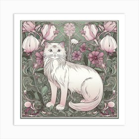 William Morris  Inspired  Classic Cats White Cat Sage And Pink Square Art Print