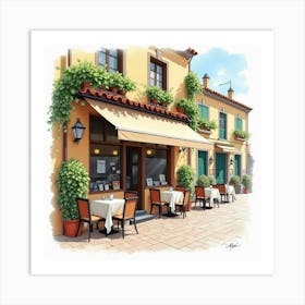 Watercolor Scene Of A Quaint Spanish Café With Outdoor Seating And Ambiance Art Print