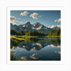 A Stunning Mountain Range With Snow Capped Peaks Reflecting In A Crystal Clear Alpine Lake 1 Art Print