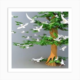 Doves Flying Over Tree Art Print