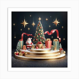 3d Christmas Podium With Santa And Christmas Tree Art Print