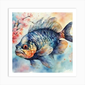 Watercolor Fish With Cherry Blossoms Art Print