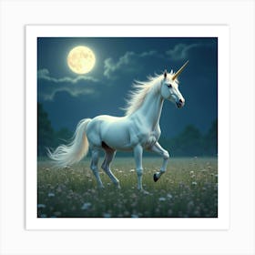 A Graceful Unicorn Galloping Through A Moonlit, Magical Meadow 1 Art Print