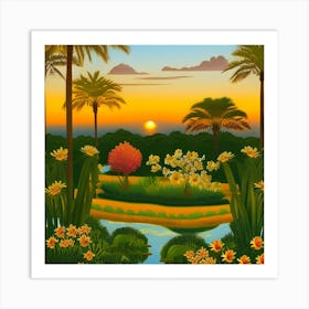 Landscape With Palm Trees And Flowers Art Print