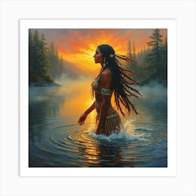 Native American Female By A Lake Panel 1 Oil On Canvas Art Print