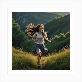 Asian Girl Running In The Mountains Art Print