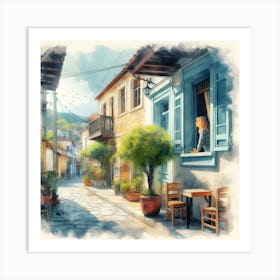 Watercolor of Rustic Mediterranean Village Art Print
