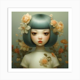 Chinese Girl With Flowers Art Print