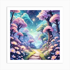 A Fantasy Forest With Twinkling Stars In Pastel Tone Square Composition 370 Art Print