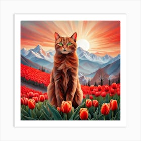 Cat In Tulips 2 Art Print