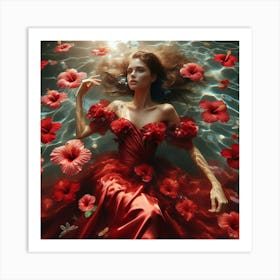 Beautiful Woman In Red Dress In Water 1 Art Print