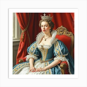 Queen Elizabeth I In Watercolor, Seated With Rich Backdrop, Elegant Gown 1 Art Print