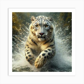 Snow Leopard Running In Water Art Print
