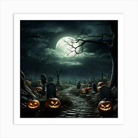 Art Landscape Pumpkin Holiday Design Halloween Fear Moon Skittish Green Grave Dark Scene (27) Art Print