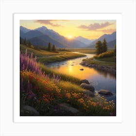 "Luminous Valley: River, Mountains, and Wildflowers" Art Print