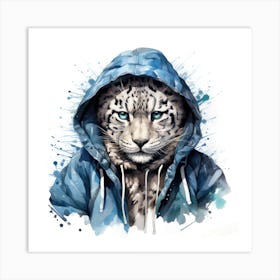 Watercolour Cartoon Snow Leopard In A Hoodie 2 Art Print