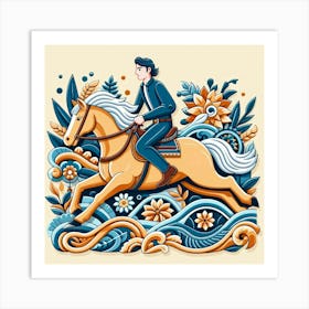A Guy Riding A Beautiful Horse Fast Around A Curve Folk Art Stlye 4 Art Print