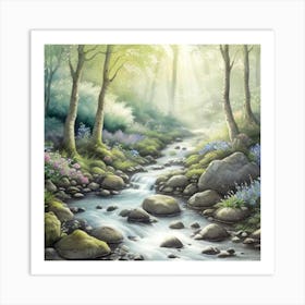 sunlit woodland stream Art Print