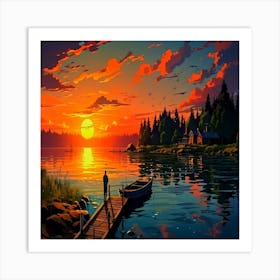 Sunset On The Lake,Beautiful sea landscape with water and nature Art Print