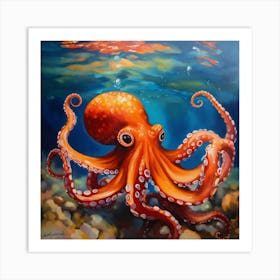 Vibrant Reds And Oranges Oil Painting Of Octopus Art Print