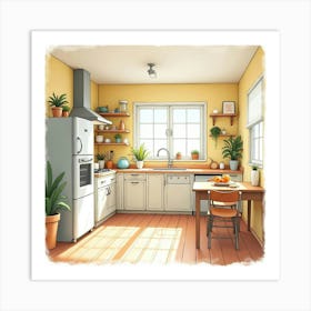 Bright Watercolor Kitchen, Warm And Cheerful Atmosphere 1 Art Print