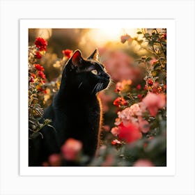 Black Cat in a Floral Sunset Garden 13 Art Print