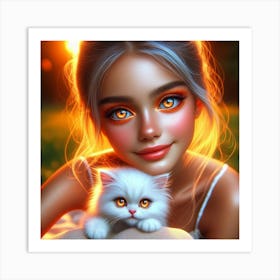 Cute Girl With Cat Art Print