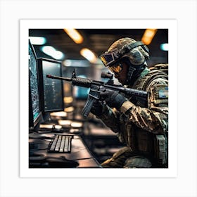 Soldier In Front Of Computer Art Print