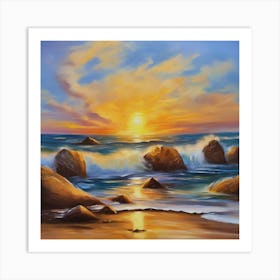 The sea. Beach waves. Beach sand and rocks. Sunset over the sea. Oil on canvas artwork.20 Art Print