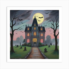 Haunted Manor Bats Under The Blood Moon (1) Art Print