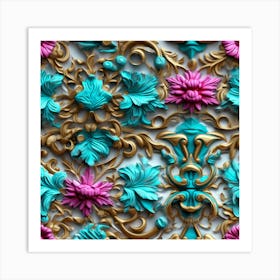 Gold And Blue Floral Pattern Art Print