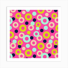 DROPS Polka Dots Rings Abstract Geometric in Retro Pink Blue Cream on Hot Pin Art Print