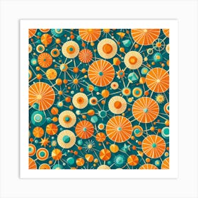 A Vibrant Retro Futuristic Seamless Pattern Featuring Stylized Atoms Starbursts And Geometric Shapes, 200 Art Print