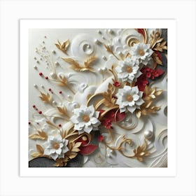 White and red flowers : Golden details Art Print