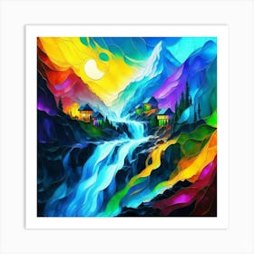 Abstract art stained glass art of a mountain village in watercolor 3 Art Print