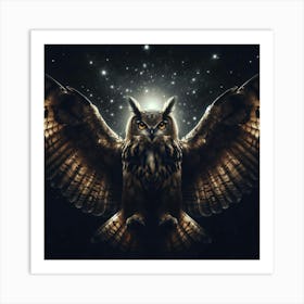 An illustration of an owl with outstretched wings against a starry night sky and a glowing moon, with intricate details and a realistic style 1 Art Print