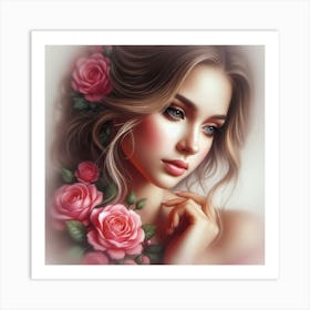 Beautiful Girl With Roses 2 Art Print