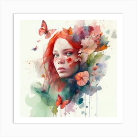 Watercolor Floral Red Hair Woman #6 Art Print