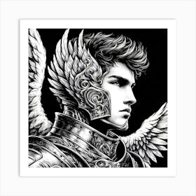 War Angel In Armor Black And White Portrait Drawing 1 Art Print