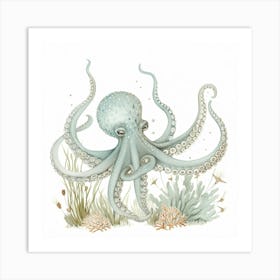 Storybook Style Octopus With Fish & Aqua Marine Plants 2 Art Print