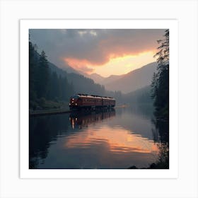 Elegant Train Gliding Across A Tranquil Lake At Twilight 1 Art Print